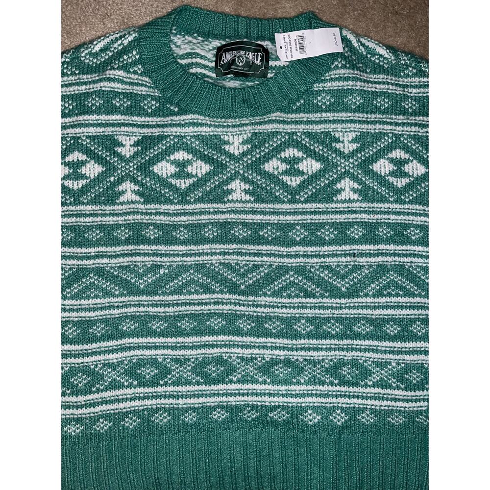 NWT AE Fair Isle Lg Green & White Christmas Holiday Oversized Sweater - Picture 5 of 6